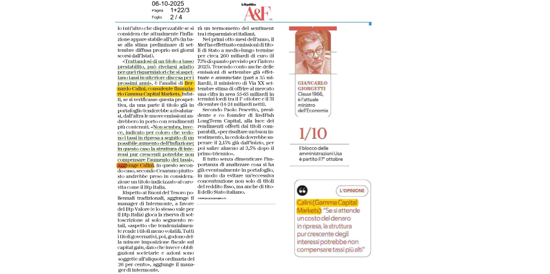 Rappresentazione visiva dell'articolo: Affari&Finanza - La Repubblica - 06/10/2025